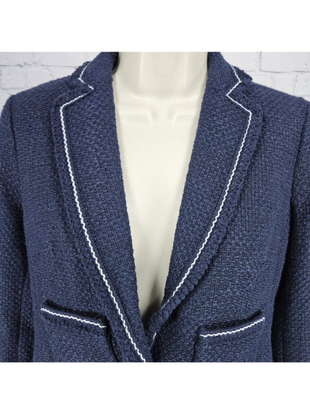 NWT Talbots Navy 100% Cotton Tweed White Stitching Gold Buttons Blazer Jacket 0P - Picture 7 of 14